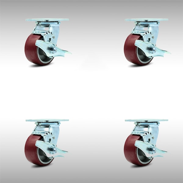 4 Inch SS Poly on Aluminum Caster Set with Ball Bearings and Brake/Swivel Lock